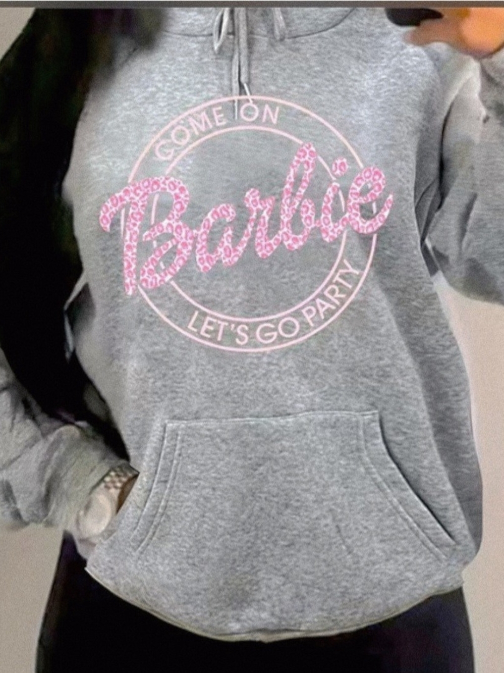 Barbie Grey Pullover Hoodie with Pink Leopard Logo